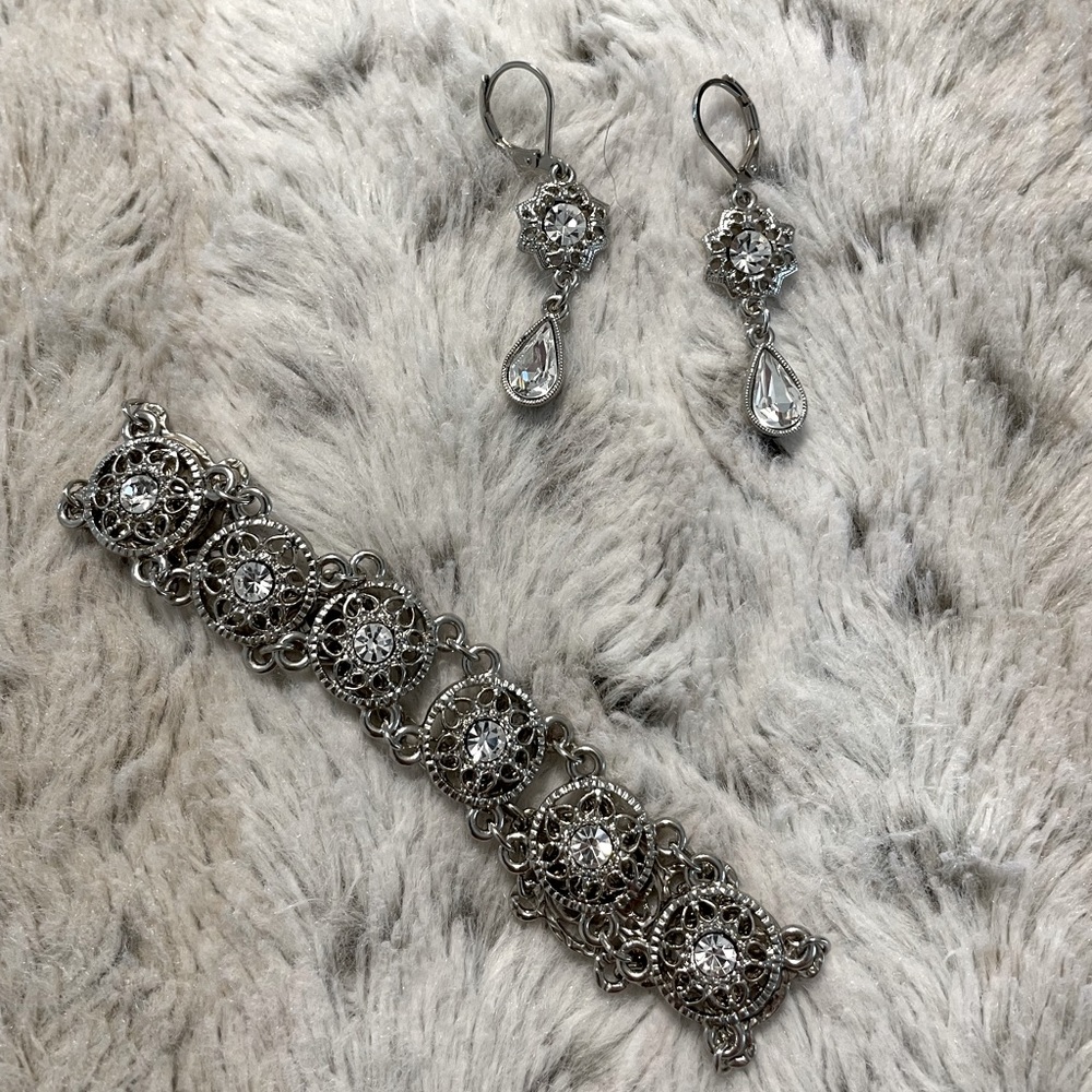 Silver and Crystal Accent Bracelet and Earrings Set